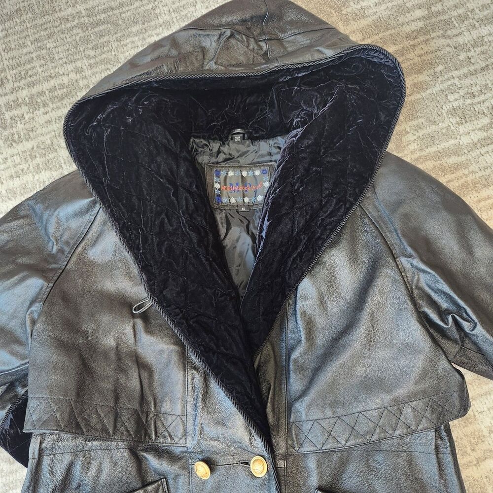 Vintage Middlebrook women Park Black Leather Trench Parka Coat Hooded M - Picture 6 of 10